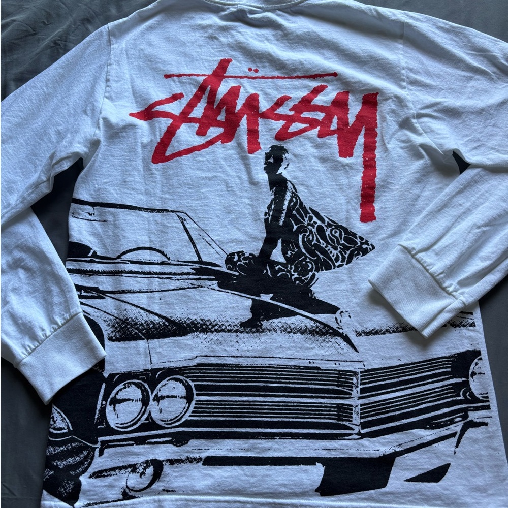 Stussy Red and White Long Sleeve Tee with Bold Graphic